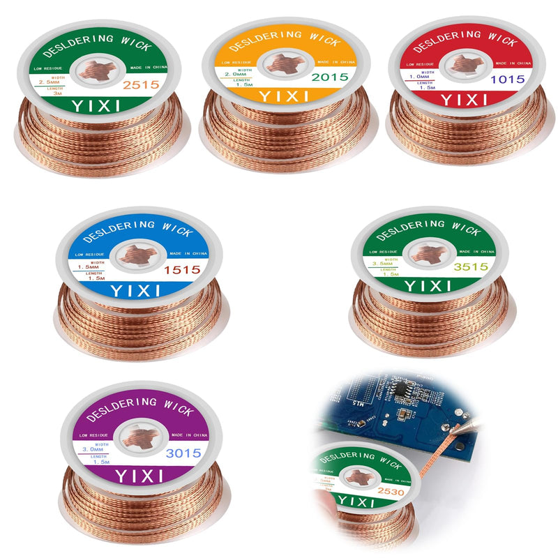 Desoldering Wire, Pack of 6 Braid Solder Wick, Desoldering Braid 1.5 m Copper Wire (1.0/1.5/2.0/2.5/3.0/3.5 mm) for Desoldering to Remove the Solder Wick from Solder Points