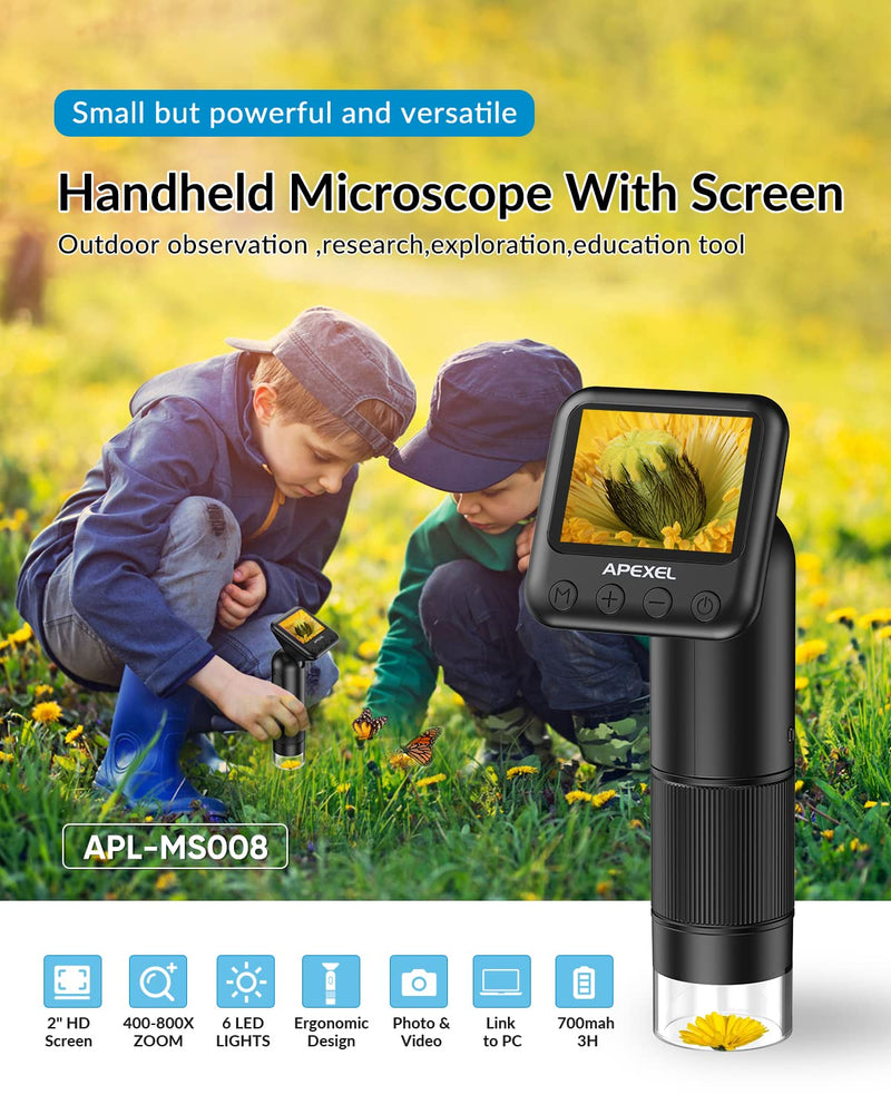 [AUSTRALIA] - 800X HD Handheld Digital Microscope for Adults, with 2" LCD Screen Pocket Microscope for Kids, USB Lab Handheld Digital Microscopes Equipment, with 32GB SD Card Black 