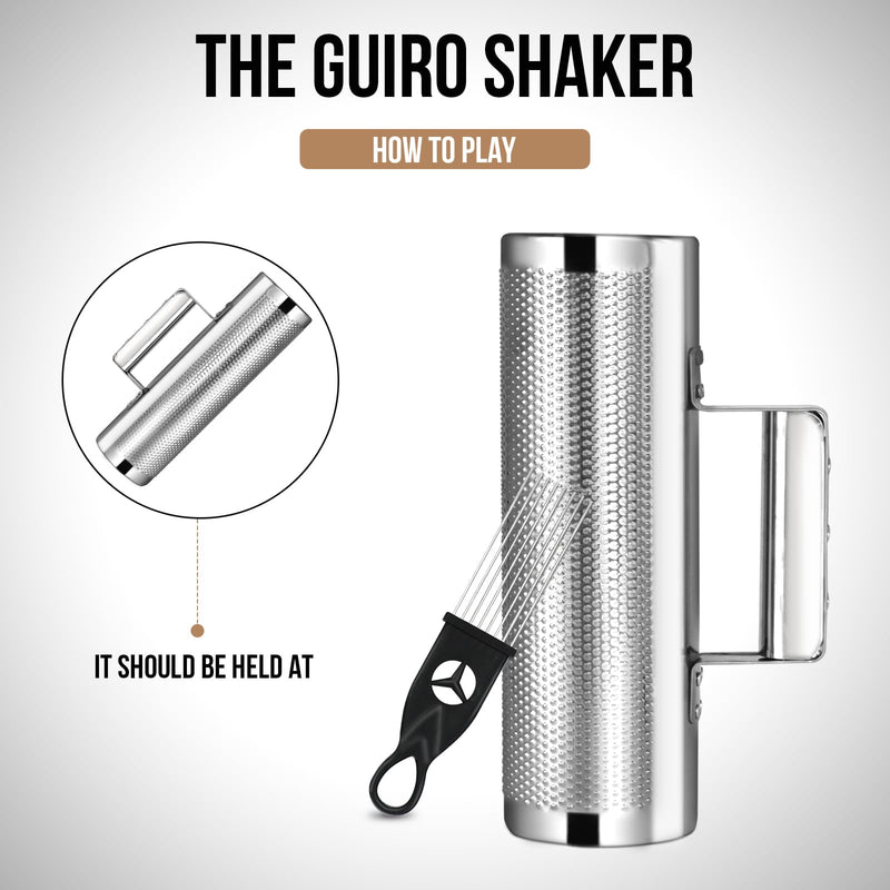 Soulmate Guiro Instrument 8" 3" Professional Metal Stainless Steel Guiro Percussion Shaker with Scraper, Band Accompaniment Sand Hammer Guiro Latin Instruments for Live Performance 3''x8''