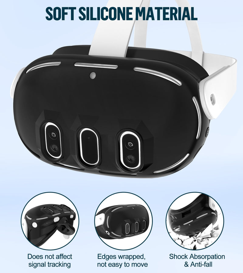 Silicone Cover Set Compatible with Oculus/Meta Quest 3, VR Accessories Protective Cover Includes Controller Grips, Front Shell Headset Cover and Face Cover (Black) Black