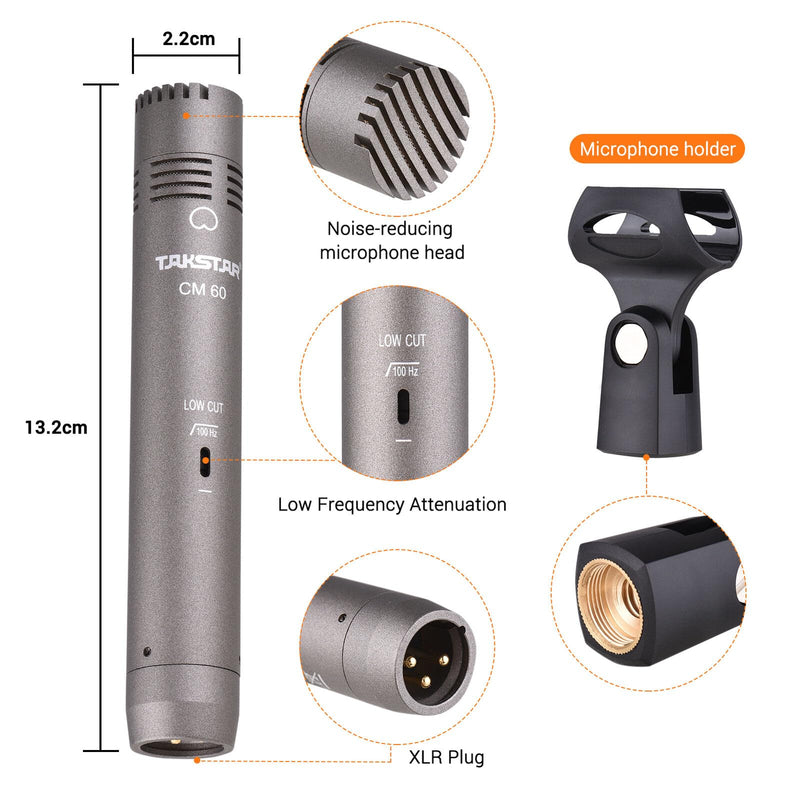 TAKSTAR CM-60 Instrument Microphone with Windscreen, Professional Cardioid Condenser Mic, XLR Gold-Plated Diaphragm Sound Head Microphone for Studio, Instrument, Interview, Radio Stations, Broadcast