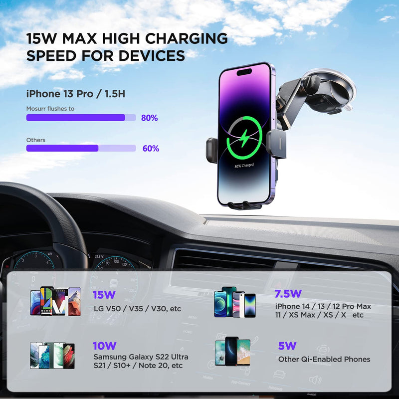 Wireless Car Charger,【7 Colored RGB Backlit】Mosurr 15W Auto Clamping Car Charger Phone Mount Holder fit for iPhone 15 14 13 12 Mini Pro Max 11 XR XS, Samsung Galaxy S24 Ultra S23 S22 S21+ Note 20, etc Black