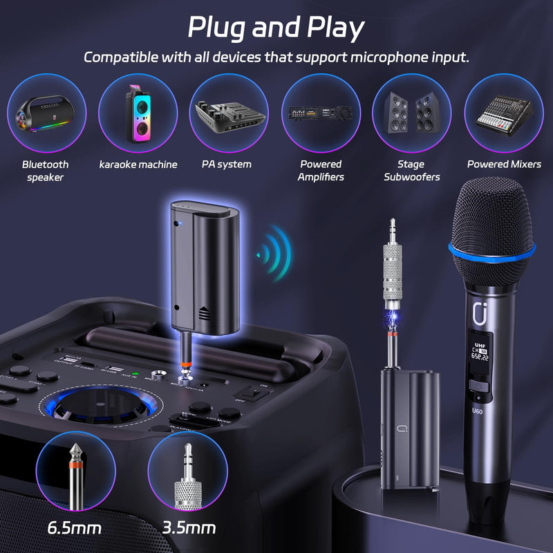 Wireless Microphones, Two UHF Microphones for Karaoke Singing, Rechargeable Dynamic Mic System with Receiver for Church, Party, Meeting, Speech, PA System, Plug and Play 20W