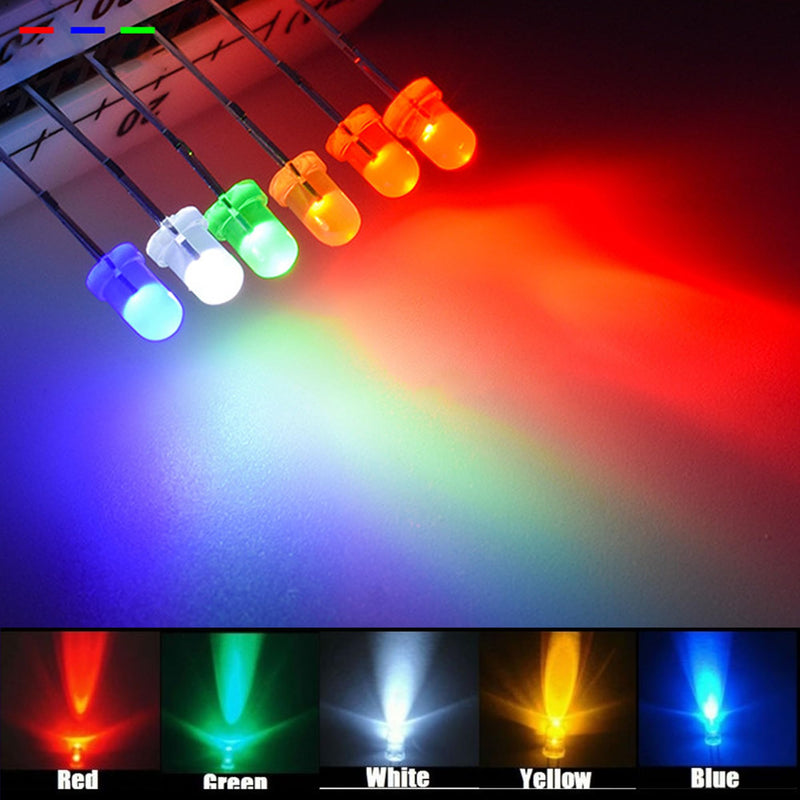 [AUSTRALIA] - MINGZE LED Light Emitting Diodes Set, 3 mm Diodes Electronic Components Light Emitting Diodes Round 2-Pin Electronic Components with 5 Colours Red Blue Green Yellow White (Pack of 500) 500 pieces 3 mm 