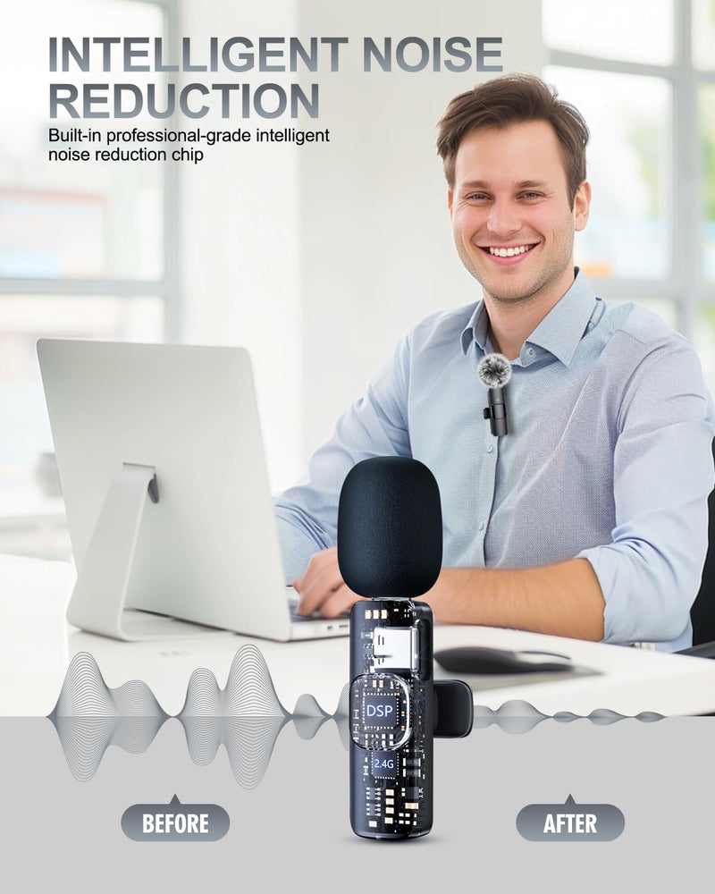 [AUSTRALIA] - PQRQP 3 in 1 Professional Wireless Lavalier Microphone for iPhone, Android, Camera, Wireless Microphones, Mini Microphone, Crystal Clear Sound Quality for Recording, Live Streaming, Microphone Clips Elegant Black 