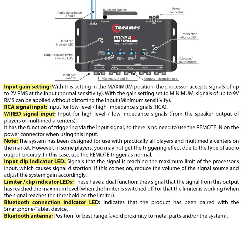 Taramps Pro 2.4 BT Bluetooth DSP Crossover Full, Digital Signal Processor, Car Audio Equalizer with App, Gain up to 9V, 15 Band Graphic Equalization, 12 preset EQ, 2 in and 4 Out, High Level Input