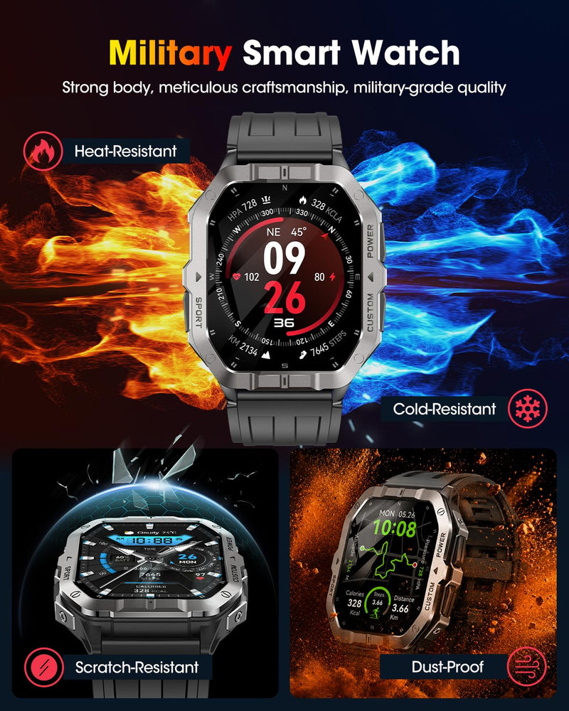 Military Smart Watches Built-in GPS, Bluetooth Call 2.02'' Smart Watches for Men, Heart Rate Monitor, Sleep Monitor, 2 ATM Waterproof, 100+ Sports Modes for Android iPhone grey Min:190mm Max:250mm