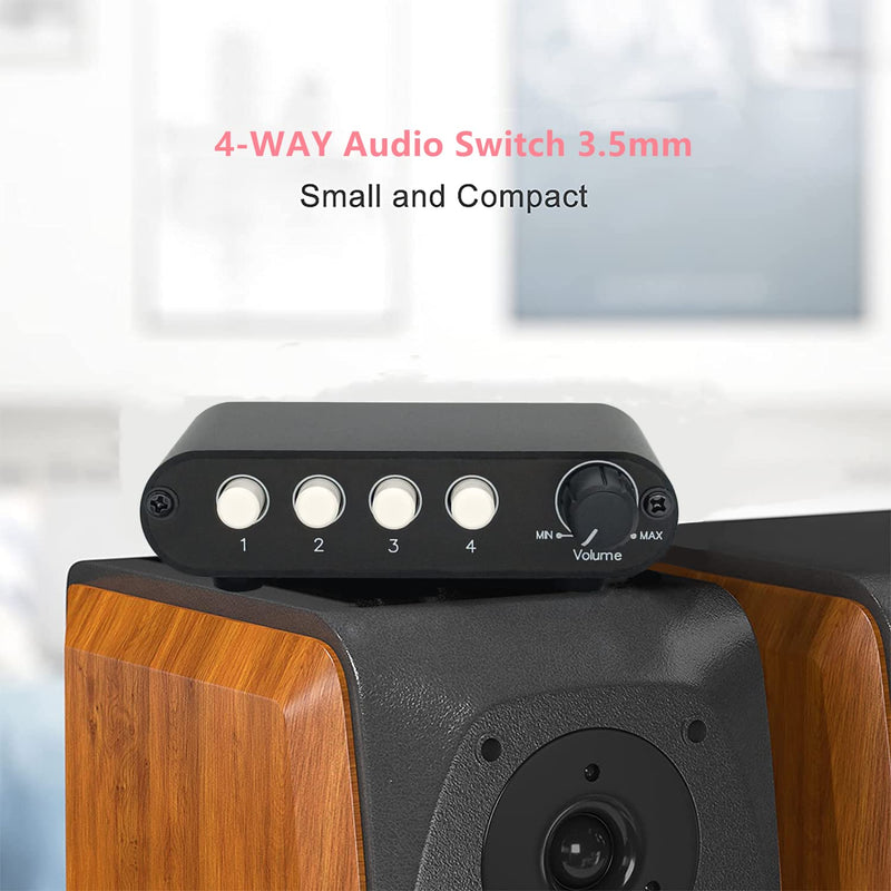 4-Way 3.5mm Stereo Audio Switch Input Signal Source Switcher Selector Splitter Box with line Volume Controller (4 in 1 Out / 1 in 4 Out) -MC41 4-port 3.5mm Switch with volume