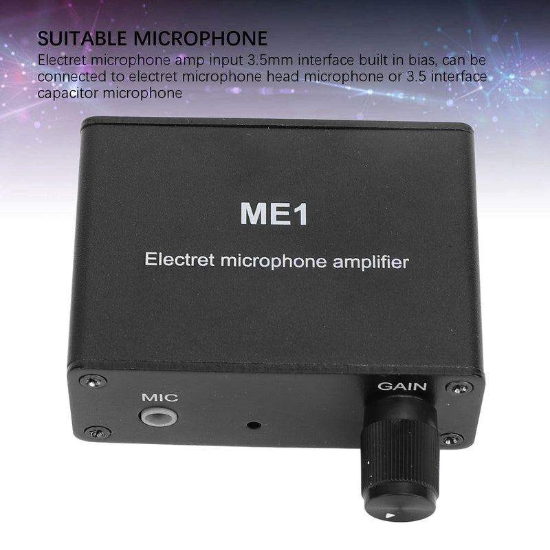 Adjustable Gain Electret Microphone Amp, 3.5mm Input Sound Preamplifier ME1, Built in Bias, Output 3.5mm Interface, 0-20db Gain, DC5-12V Power Supply