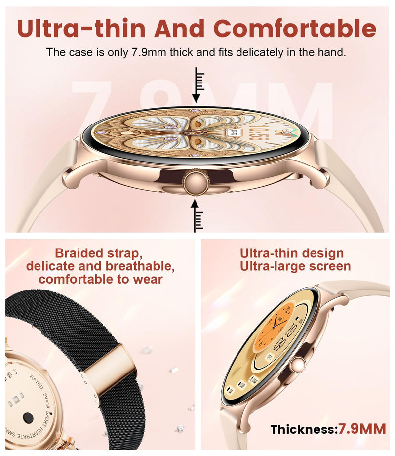 LIGE Smart Watch for Women(Dial/Answer Calls), 1.43" AMOLED HD Display, 100+ Sport Mode Fitness Tracker, 5ATM Waterproof/IP68/Sleep Smartwatch Womens, Ladies Smart Watches for iOS Android (Black Gold) Black Gold