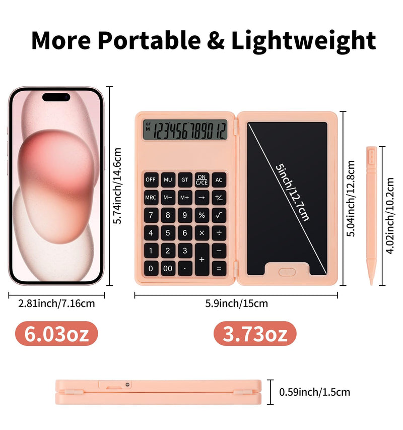 Desk Calculator, Portable Calculator with Notepad, Basic Calculator with Writing Tablet, 12 Digit Large Display Calculators with Stylus, Multi-Function Calculator for Office, School & Home(Pink) Pink