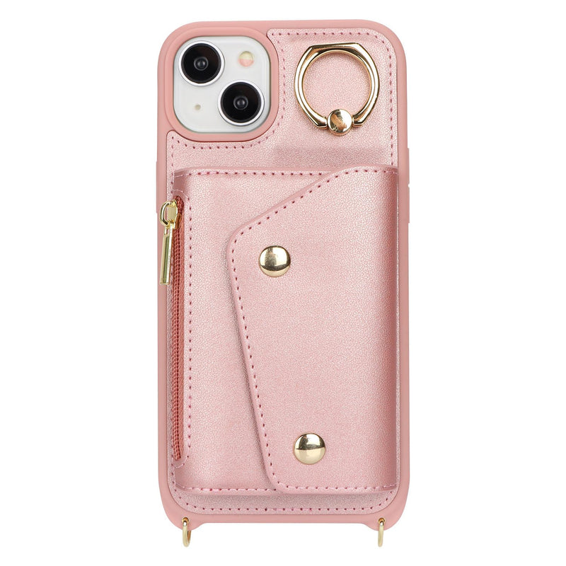 for iPhone 14 Case with Card Holder and Strap - Zipper Pocket,Crossbody Lanyard Strap,Credit Card Holder,Stand Ring,Cute Phone Wallet Case for Women(Rose Gold,6.1 Inch) A-Rose Gold