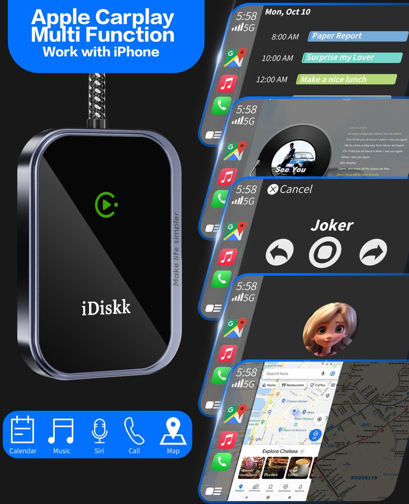 iDiskk Wireless CarPlay Adapter for iPhone No Latency with USB C Adapter | Plug-and-Play Easy Installation,Wide Compatibility for iPhone iOS 10+, Support Voice Control & Navigation
