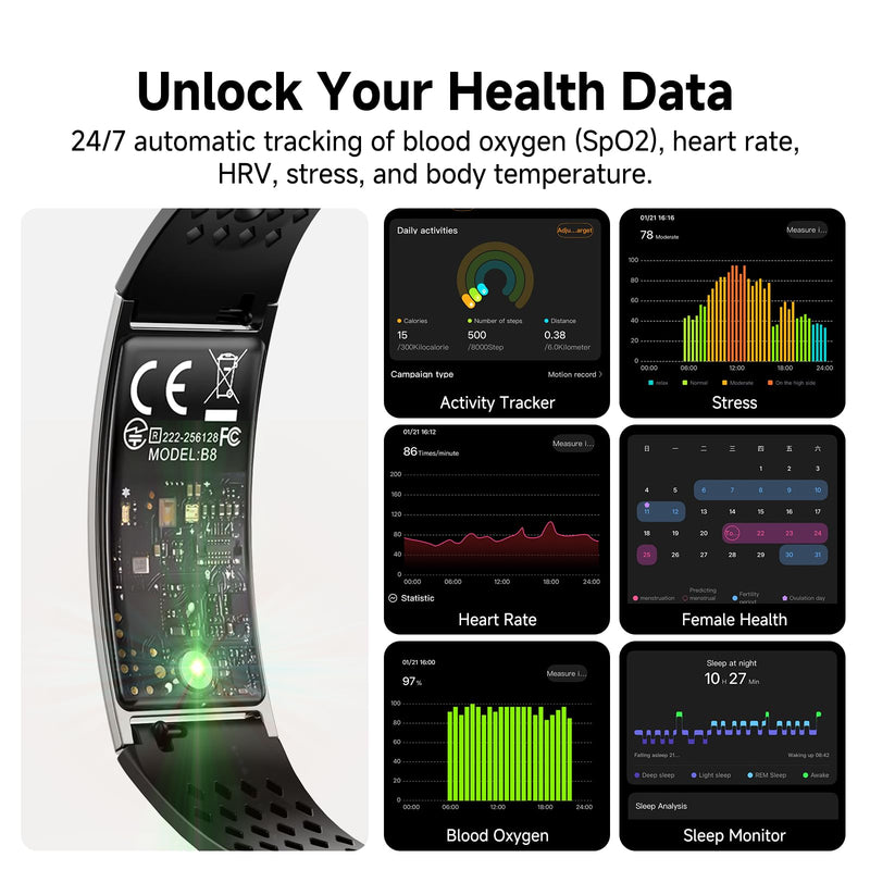 Smart Bracelet, Subscription-Free 24/7 Health Tracking, Heart Rate, SpO2, HRV & Sleep Tracker with IPX8 Waterproof, Wearable Activity & Fitness Tracker, 7-Day Battery, 2 Bands black&black