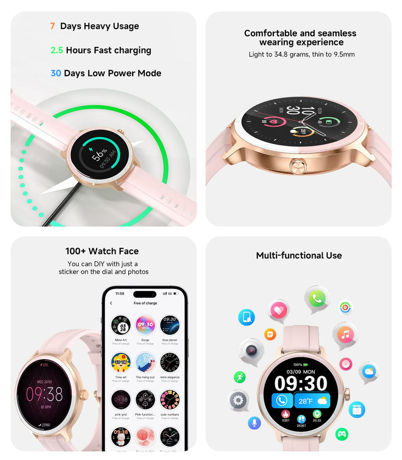 Smart Watch for Women,24H Activity Tracking,0.39 inch Ultra-Thin | Bluetooth Calls & AI Voice,IP68 Waterproof,Heart Rate/SpO2/Period Tracker,100+ Sports Modes,Compatible with Android/iPhone Pink