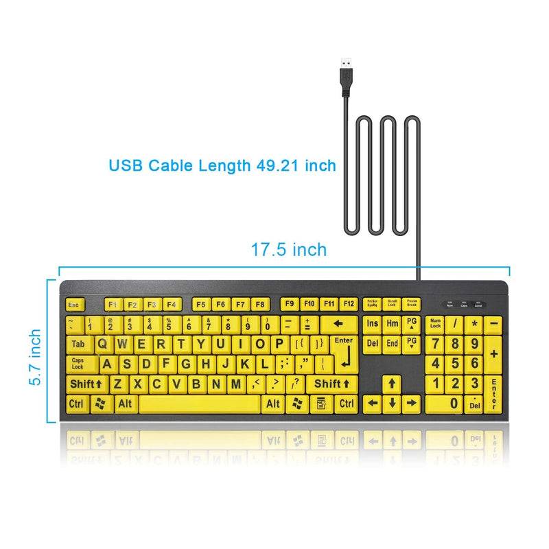 TANIX Large Print Computer Keyboard Wired USB Keyboard Big Print Letter with Yellow Keys High Contrast Yellow Keyboard Makes Type Easy