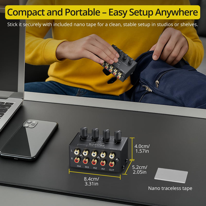 [AUSTRALIA] - PROZOR 4-Channel Stereo Audio Mixer, RCA Input with Independent Volume Controls, Metal Housing, Ultra Low Noise, for TV/PC Mixing, Home Studios, DJ Performances – No Power Required, Plug and Play 