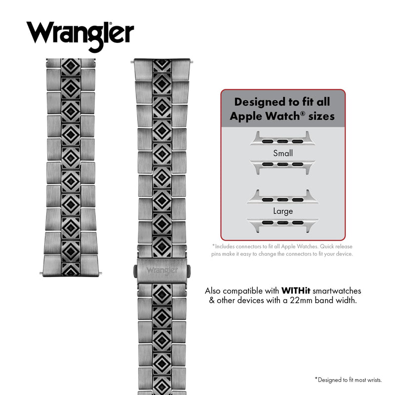 Wrangler® Silver Link Metal Band for Apple Watch®, Western Style, Unisex | Fits all Apple Watch® Series & Sizes, Adjustable Sizing - Fits Most Wrists, Silver-Tone Alloy Links, Dress or Casual Wear Frontier Links