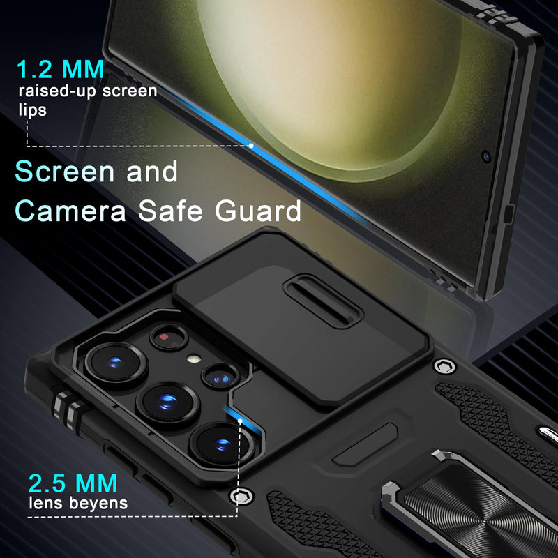 DEERLAMN for Samsung Galaxy S24 Ultra Case with Slide Camera Cover+Screen Protector (1 Pack), Rotated Ring Kickstand Military Grade Shockproof Protective Cover-Black Samsung Galaxy S24 Ultra-6.8Inch Black