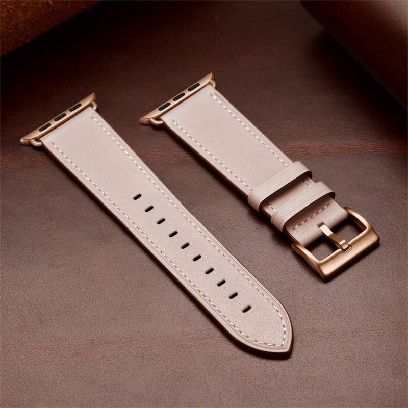 OUHENG Compatible with Apple Watch Band Genuine Leather Replacement Strap 41mm 40mm 38mm Black & Pink Sand