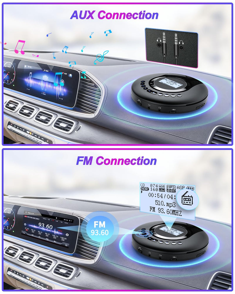 CD Player Portable ARAFUNA, Portable CD Player Bluetooth with FM Radio, 2000mAh Rechargeable CD Player for Car with LCD Screen, Anti Shock Protection Walkman CD Player with Headphone, AUX Cable Black
