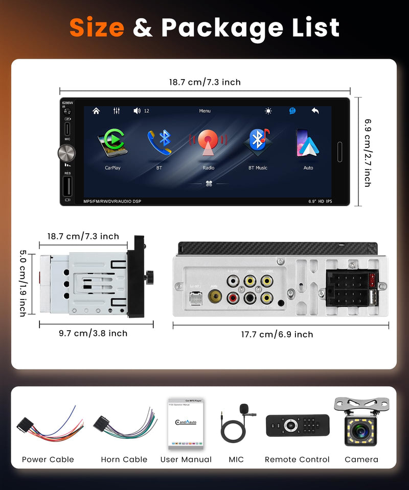 Single DIN Carplay Radio Wireless Android Auto, 6.9-Inch IPS Touchscreen Car Stereo with Bluetooth5.2 FM/RDS Radio EQ USB Backup Cam Included