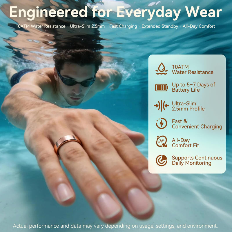 Smart Health Fitness Ring for Women & Men, Activity Tracker with Step Counter, Sleep Monitor & Stress Tracking, Waterproof, Compatible with Android & iOS, No Subscription Fee Rose Gold 7