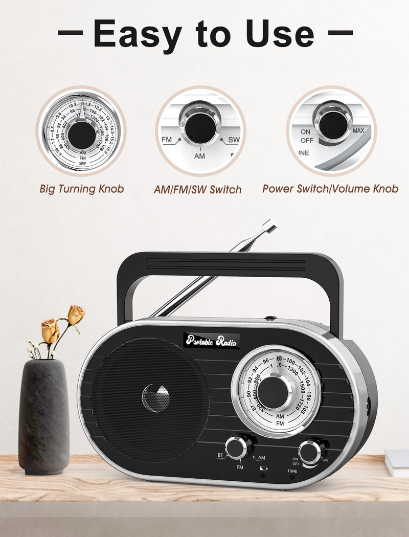 [AUSTRALIA] - Portable AM FM SW Radio with Bluetooth,4000mAh Rechargeable Radio with Big Speaker,Flashlight,Large Knob,Earphone Jack,4 AA Battery Operated Radio,Transistor Radio with Best Reception for Home&Outdoor 