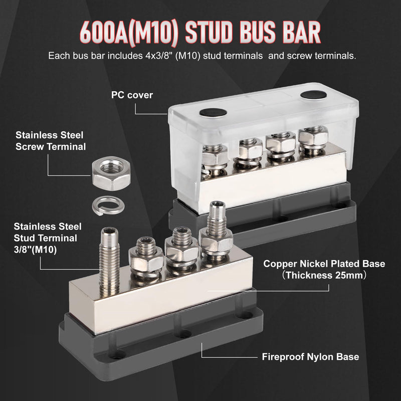 600A Bus Bar Power Distribution Block 12-48V Terminal Block 4x3/8(M10) Studs Marine Battery Bus Bar with Waterproof Cover Quick Mount for Automotive Car Boat Solar System (Black) ﻿ 600A 4 x 3/8"(M10) Studs-Black