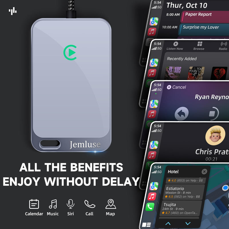 Jemluse Wireless CarPlay Adapter for Apple iPhone - Multi-User Seamless Connection for Convert Wired to Wireless Car Play Adapter - No Latency from iOS 10+ to Screen w/USB C (All Silver) All Silver