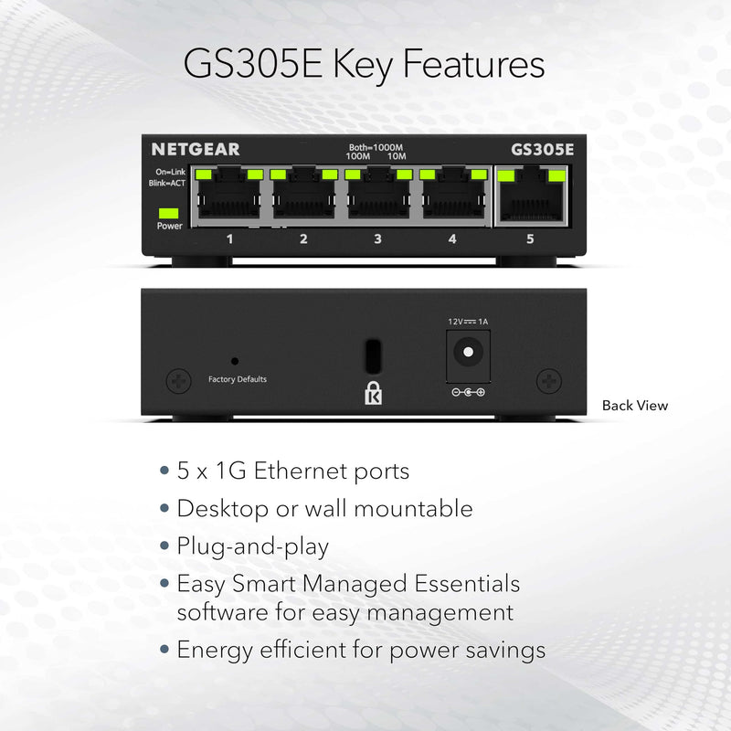 NETGEAR 5-Port Gigabit Ethernet Easy Smart Managed Network Switch (GS305E) | Essentials Model, Desktop or Wall Mount, Home Network Hub, Office Ethernet Splitter, Silent Operation 5 Port
