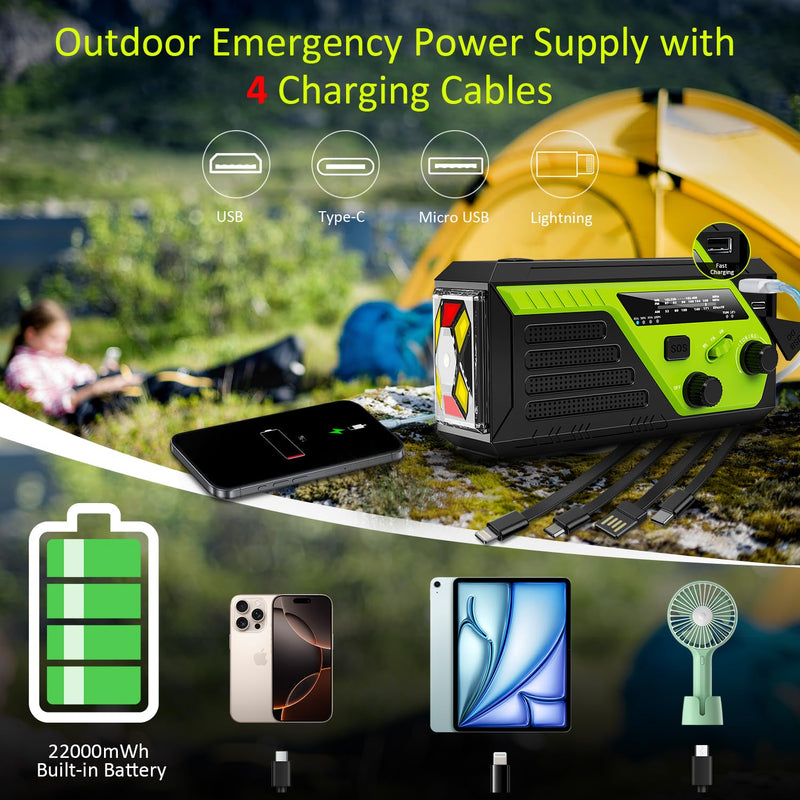 Weather Radio 22000mWh AM FM NOAA Emergency Radio with 4 Charging Cables, Flashlight, Reading Light, SOS Alarm, Phone Charging Hand Crank Radio for Home Outdoor Emergencies. Green