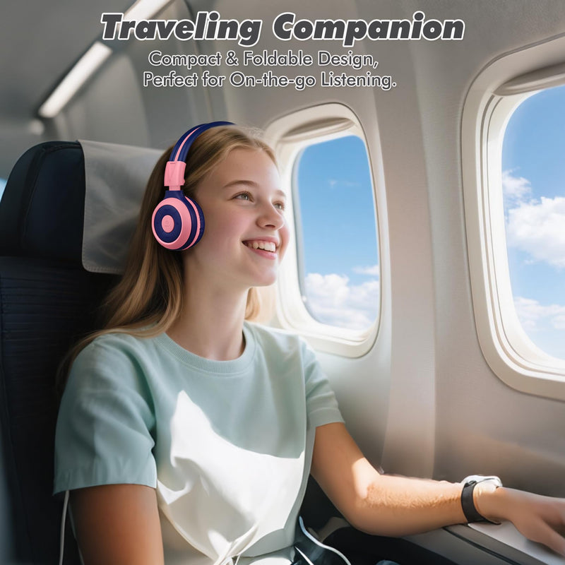 SIMOLIO Wireless Headphones Girls, Bluetooth Foldable Childrens Headphones with Mic and Volume Limited, Over-Ear Stereo Headset for Fire Tablet iPad School Travel Airplane Cellphones, Wired Mode Pink Bubblegum Pink