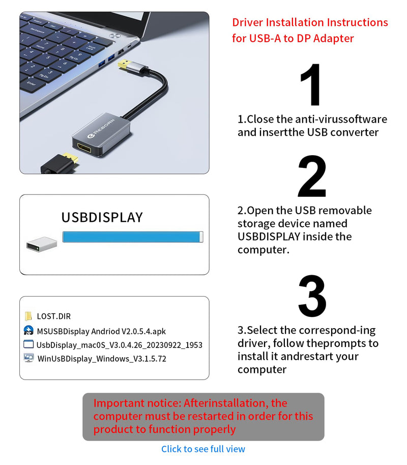 Reborn USB 3.0 to DisplayPort Adapter, 1080P@60Hz for Laptop | USB 3.0 Male to DisplayPort Female Converter Suitable for MacOS, Windows 7/8/10/11 - Driver installation is required