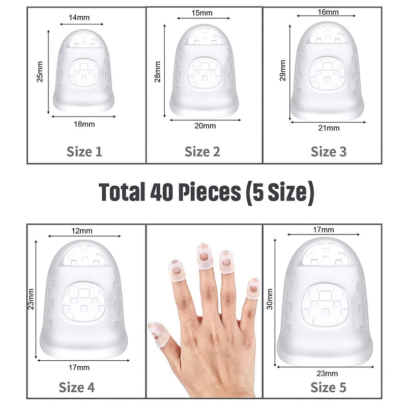 Frienda 40 Pieces Guitar Fingertip Protectors Silicone Finger Guards Anti-slip Finger Protection Covers Caps for Stringed Instruments Guitar Mandolin Bass Counting Sewing, 5 Sizes Transparent