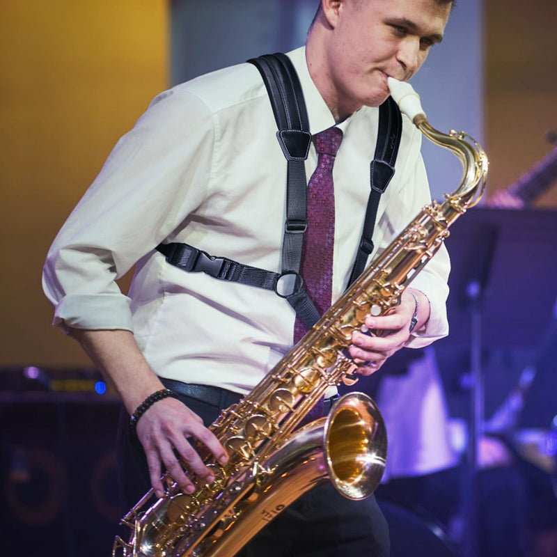 Saxophone Harness, Double Shoulder Adjustable Sax Strap with Soft Leather Padded, Widened & Thickened Design, Good Comfort, Reduce Neck Stress, for Alto/Tenor/Baritone/Soprano Saxophone