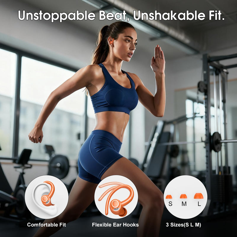 Wireless Earbuds with Earhook, 48H Deep Bass/ENC Mic Ear Bud Pumpkin Orange | Wireless Earphone with LED Display, Bluetooth 5.3 Headphones In Ear, IPX7 Waterproof Over Ear Buds for Running/Workout