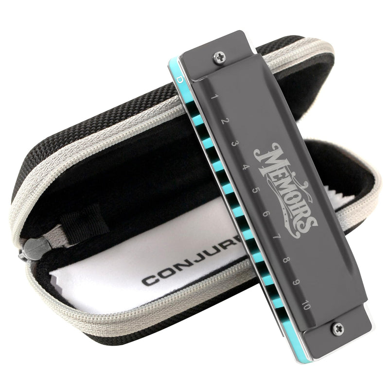 CONJURER Harmonica for Adults 10 Hole Diatonic Deluxe D Key Harmonica for Beginners Professionals Phosphor Bronze Reeds Brass Mouth Organ with Case GRAY BLUE-D