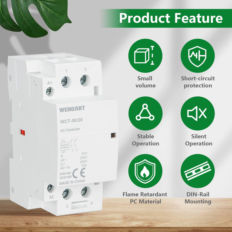 Wengart Compact AC Contactor WCT-50, White, AC230V, 50A, Built for Durability, Whisper Quiet Operation, Energy Saving, with Additional Functions for Household Appliances (2NO) 2NO