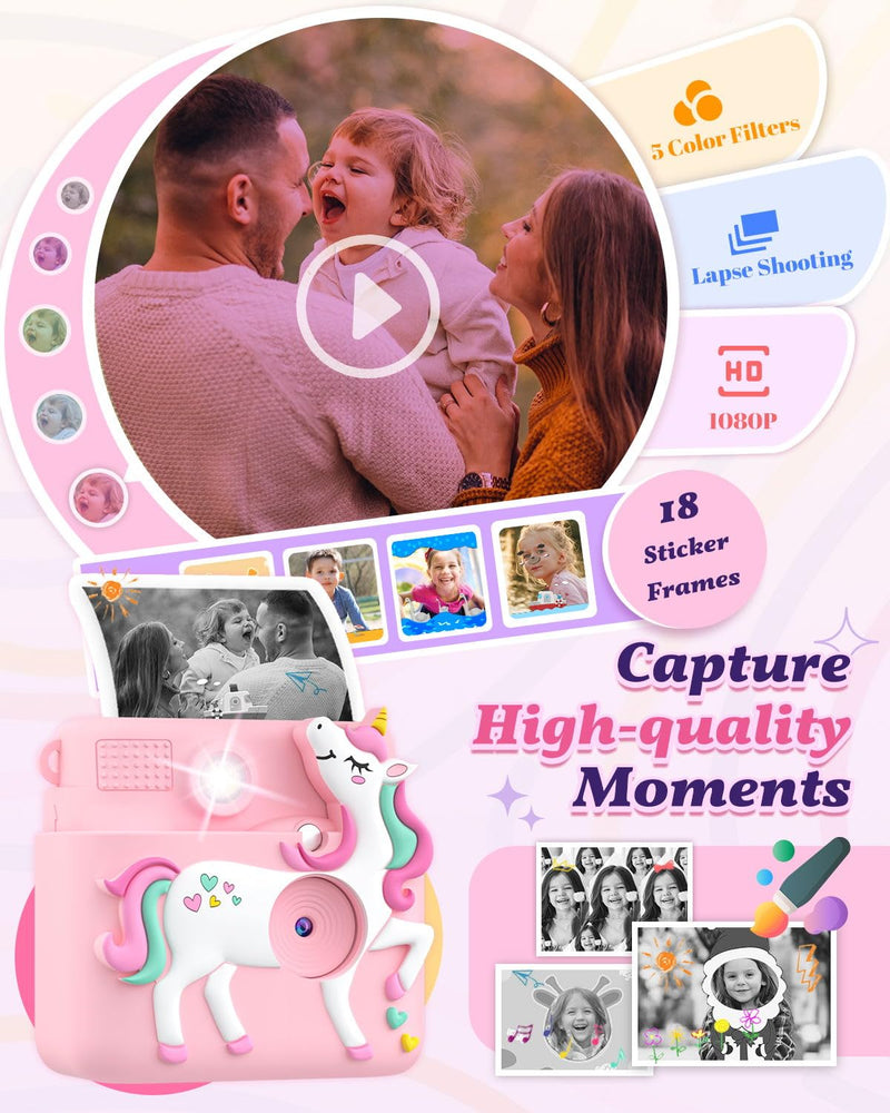 Kids Camera Instant Print, 1080P Cameras for Kids Girls Toys Age 6-8, Christmas Birthday Gift for 7 8 9 10 Year Old Girls, Kids Toys for Girls Age 3-12 with 3 Rolls Paper and a 32G Card-Pink Pink