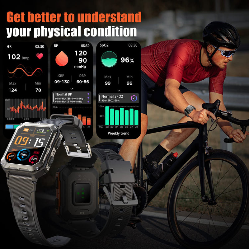 meoonley Military Rugged Smartwatch for Men,Sport Watch with Answer/Make Call IP68 1.83 inch Fitness Tracker Pedometer SpO2 for Outdoor Enthusiasts Black