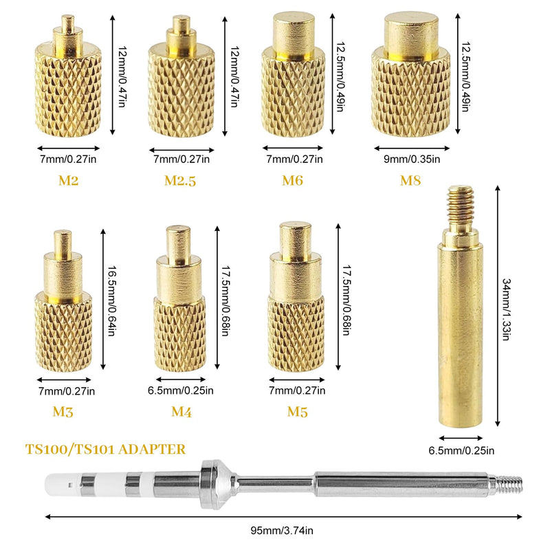 7-Piece Soldering Tips and Melting Thread Set, M2 / M2.5 / M3 / M4 / M5 / M6 / M8, Brass, with Adapter, for TS100/TS101 Soldering Tips, Interchangeable with Standard 936 Universal Tips (Yellow) Yellow