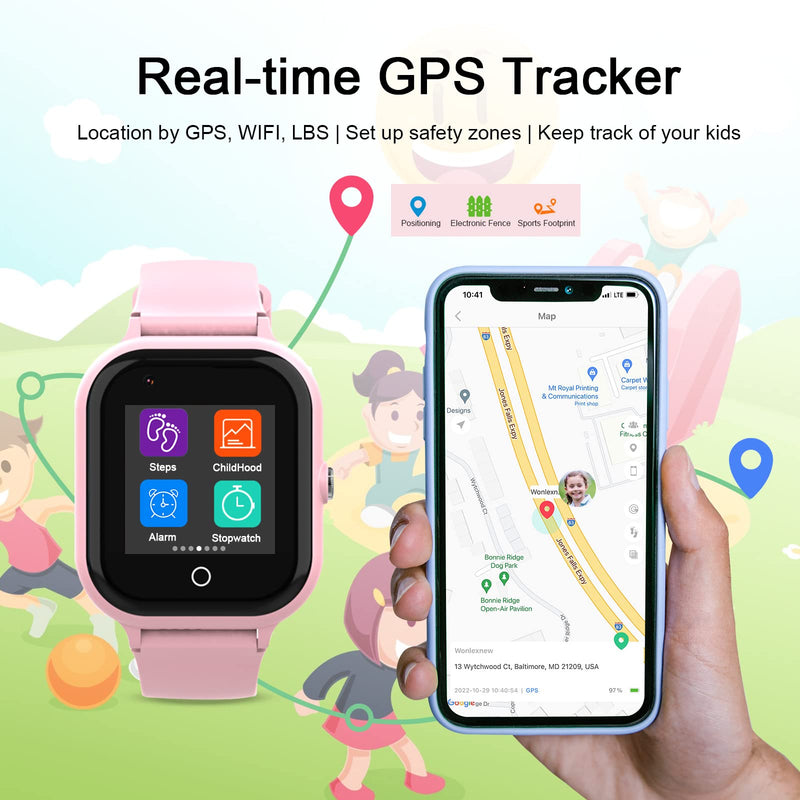 wonlex Kids Smart Watch with GPS Tracker and Calling, 4G Smartwatches Girls Boys with SIM Card SOS Camera Voice Video Call School Mode for Kids Children Aged 4-12 Birthday Gifts Pink