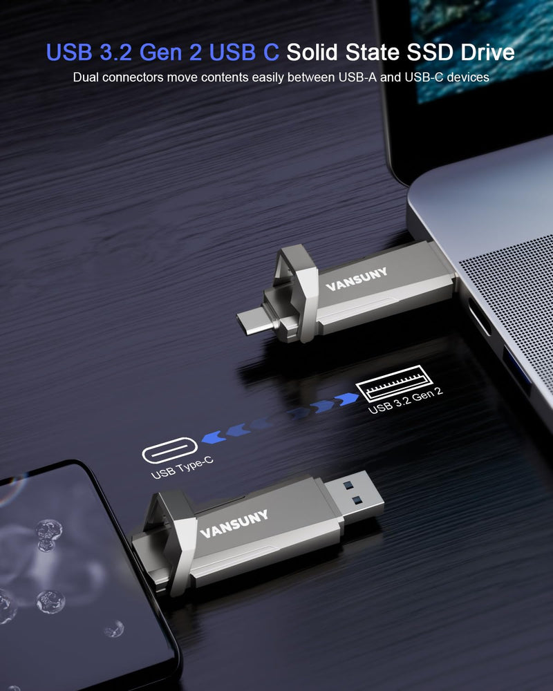 Vansuny 512GB USB Solid State Drive Up to 1000MB/s 3.2 Gen 2 Dual SSD USB A + Type C Portable External SSD for Android Phone Tablet Laptop MacBook PC