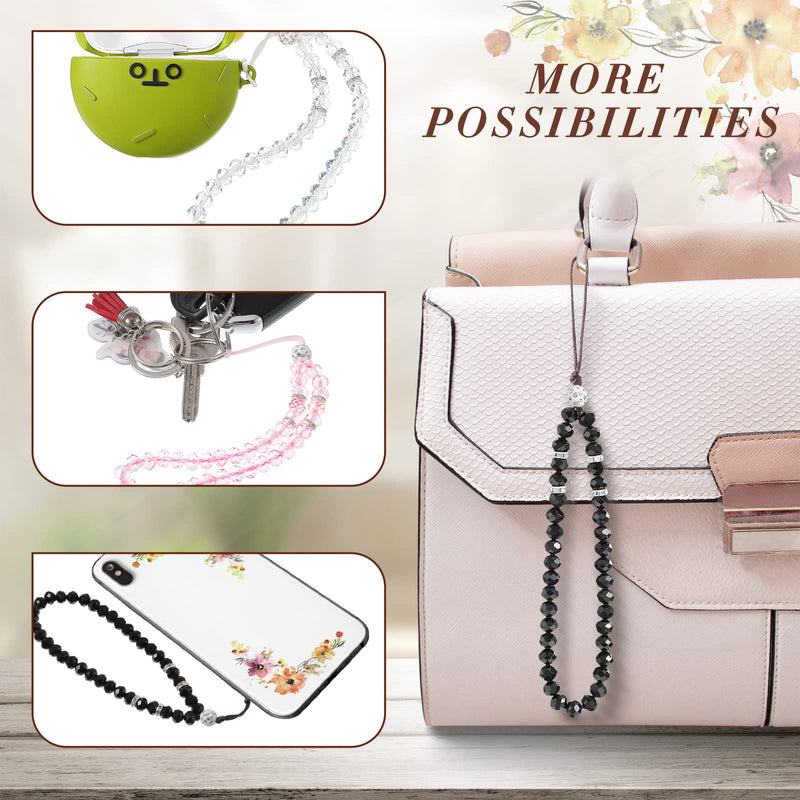 Weewooday 3 Pieces Cell Phone Lanyard Strap Phone Charm Bling Crystal Beads Hand Wrist Lanyard Strap Beaded Women's Wristlet Black, White, Pink