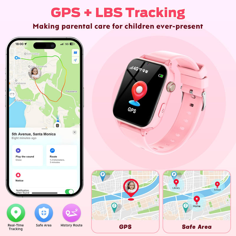 4G Kids Smart Watch with GPS Tracker, Video Call & Texting, Smart Watch for Kids with SIM Card, SOS, School Mode, HD Camera, Pedometer, Kid Watch Gift for Boys Girls Age 4-12, Pink