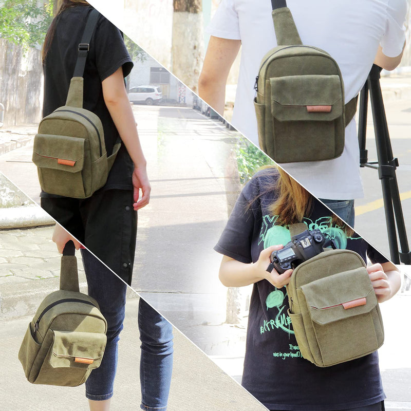 Small Camera Bag for Photographer Canvas Sling Bag Purse Waterproof Dslr Bag Compatible with Nikon Sony for Men and Women Army green