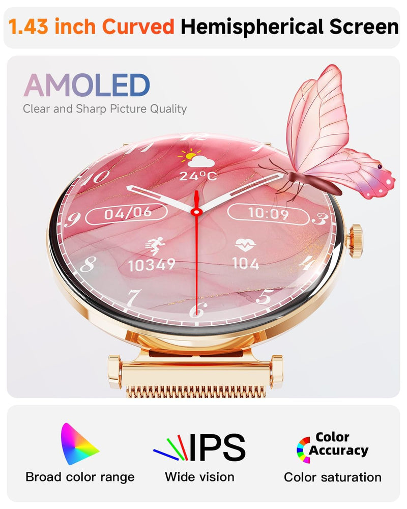 Hwagol Smart Watches for Women with Android iPhone Compatible[Calls/Metal Thin Body],1.43" Micro-Spherical AMOLED Screen,Sports Watch with Sleep/Heart Rate Monitor,Pedometer for Steps Miles (Gold) Gold