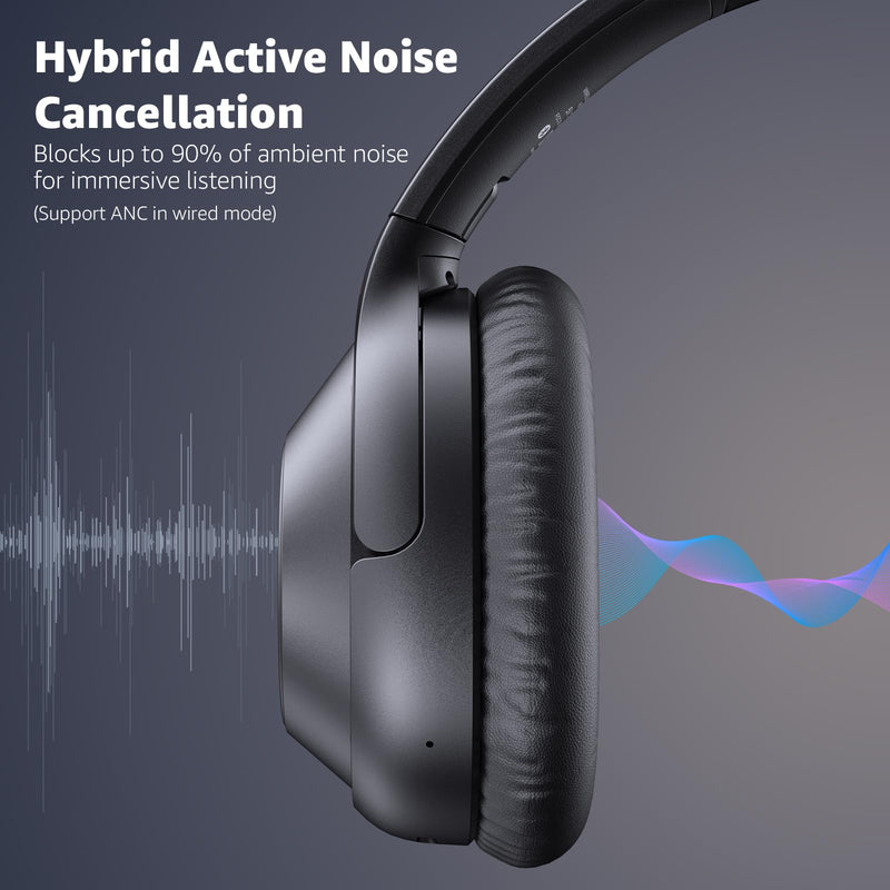 YMOO Noise Cancelling Headphones for Airplane, Wired Wireless ANC Headsets | Bluetooth 6.0 Over Ear Travel Headphones, LDAC Hi-Res Audio, 100H Playtime, Custom EQ via App Black