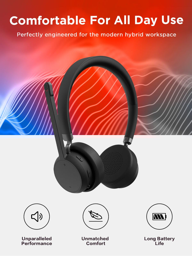 Lenovo Wireless Stereo Headset, Noise Cancelling Mic, Bluetooth 5.3 Multipoint, 31-Hour Talk & 60-Hour Playback, Lightweight 138g, Replaceable Earcups Over-Ear Comfort, Gaming, Office, & PC Use | Bluetooth headset with noise cancellation and 31-hour ta...